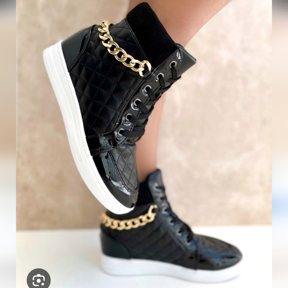 New Sexy Black Wedge Hightop Quilted Sneakers with Gold Chain Accent - 9